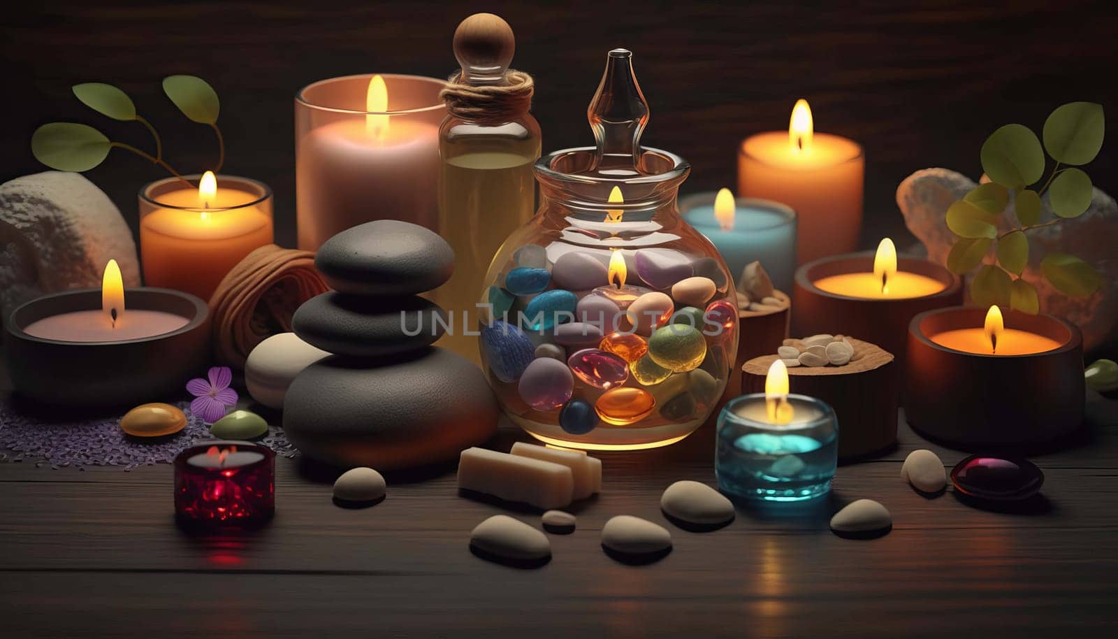 skin care spa set, decoration, candle and towels, oil bottle and green leaves and blossoms. Generative AI, by mila1784