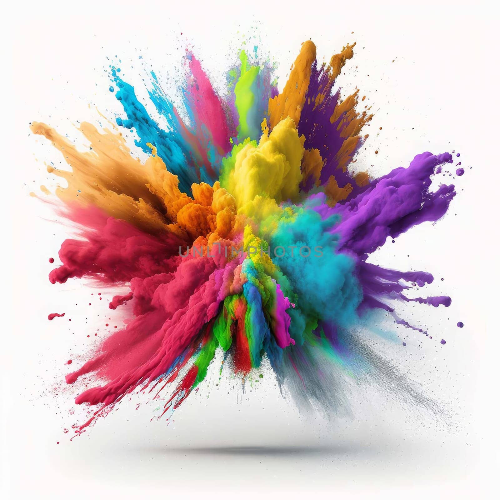 Colorful rainbow holi paint splash, explosion of colored powder on white background. Generative AI,