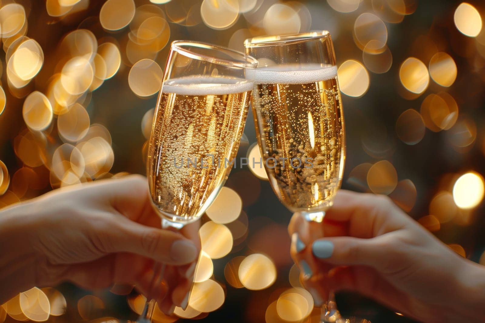 Two women are holding up champagne glasses, toasting to a special occasion. The scene is set in a dimly lit room with a Christmas tree in the background. The women are smiling