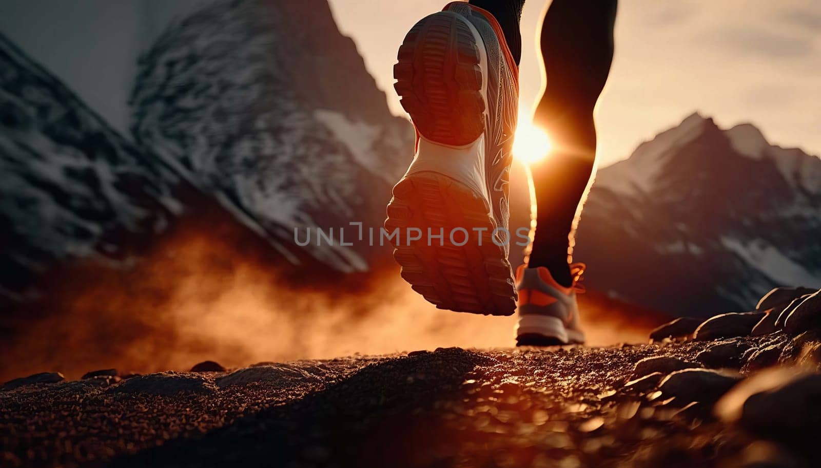 Close-up at the feet of a man running in sneakers. Generative AI,