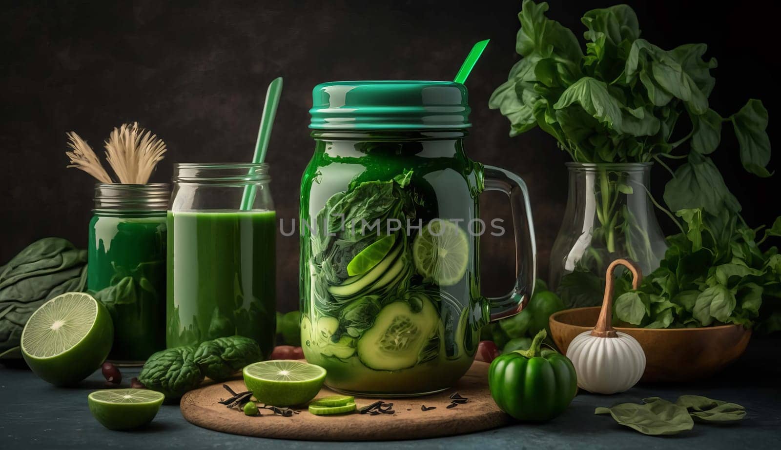 Mugs from glass jars with organic food drink green color green vegetables and fruits. Generative AI,