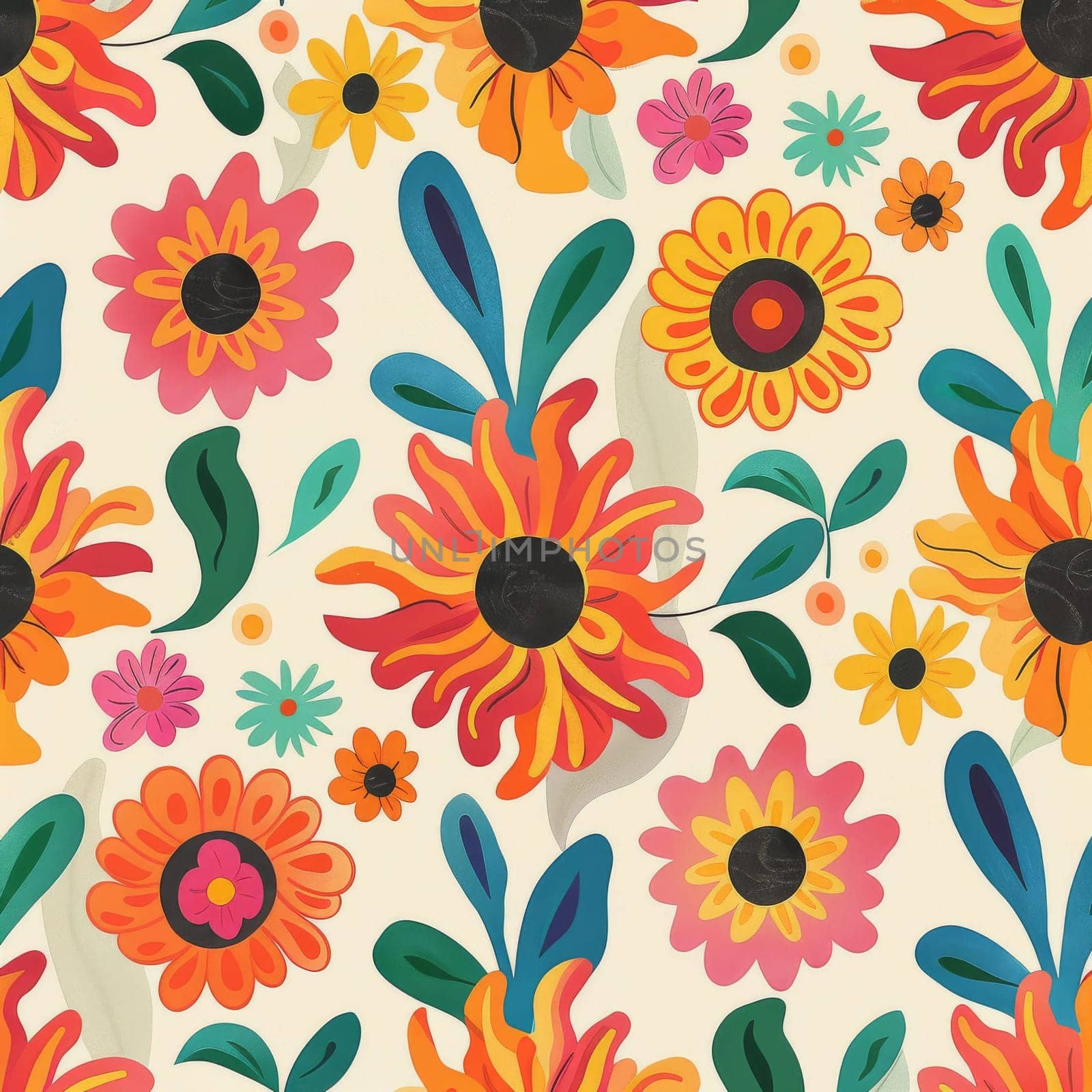 A colorful floral pattern with suns and leaves. The flowers are in various colors and sizes, and the suns are scattered throughout the design. Scene is cheerful and vibrant, with a sense of nature
