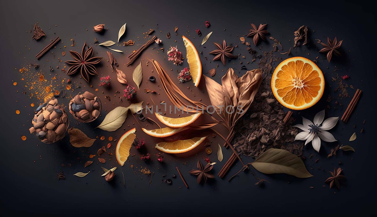 tea leaves dried berries and dried fruits, orange peel, cinnamon, star anise. Generative AI,