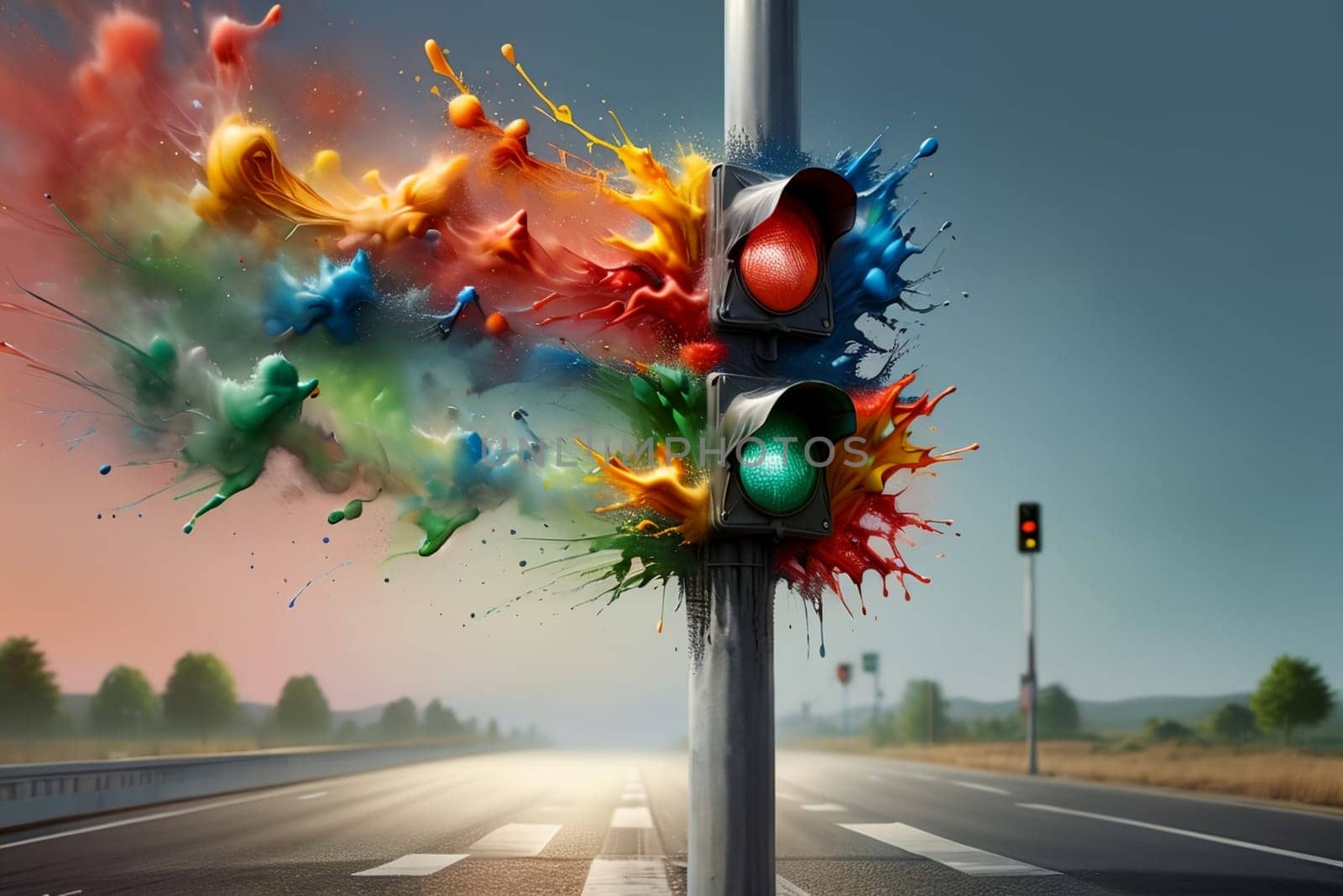 bright multi-colored traffic light on a pole .