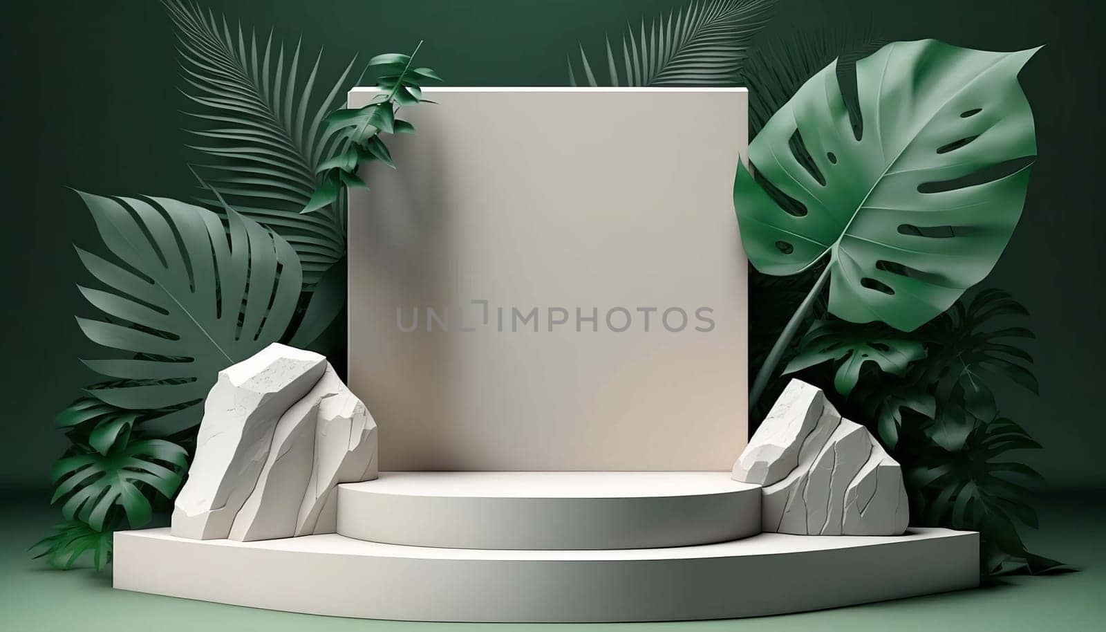 A modern white stand for shooting objects with a backdrop of stone and tropical leaves. Generative AI, by mila1784