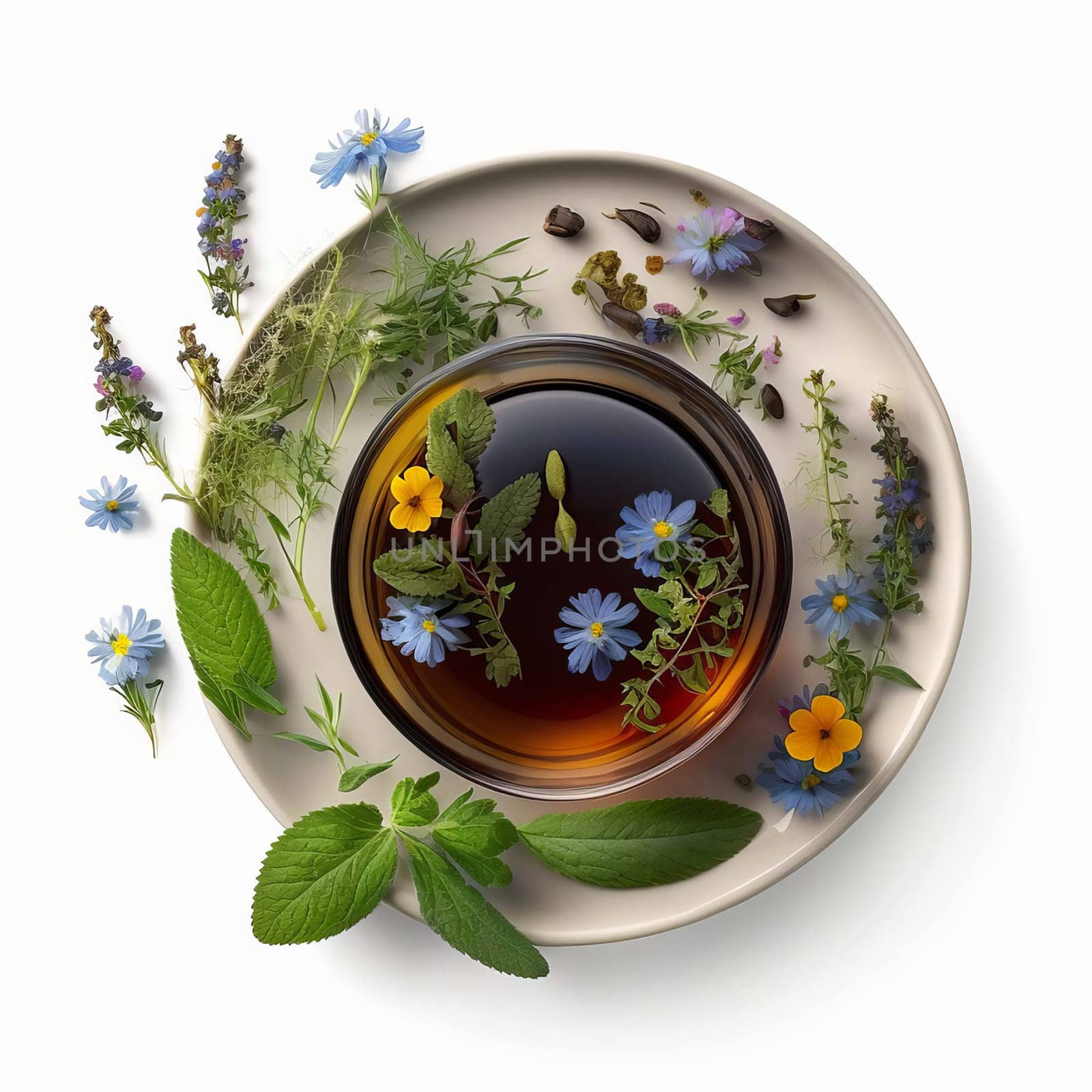 Tea with herbs and flowers in a cup top view. Generative AI, by mila1784