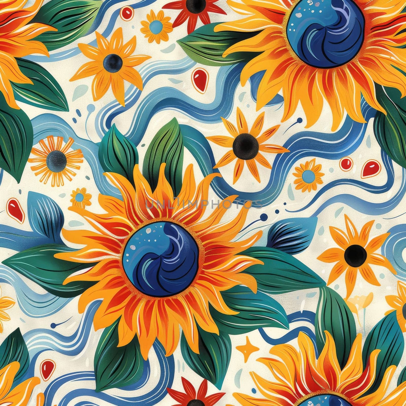 A colorful floral pattern with suns and leaves. The flowers are in various colors and sizes, and the suns are scattered throughout the design. Scene is cheerful and vibrant, with a sense of nature