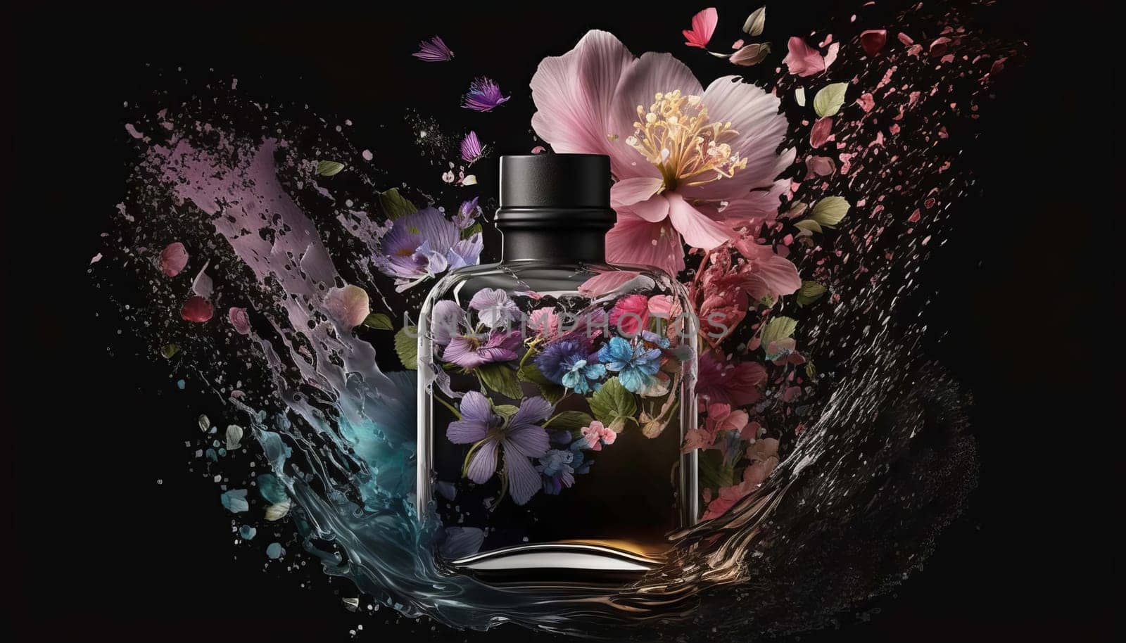 Perfume with floral aroma burst. Generative AI, by mila1784