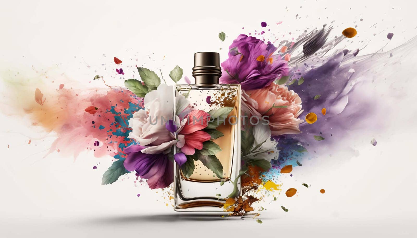 Perfume with floral aroma burst. Generative AI, by mila1784