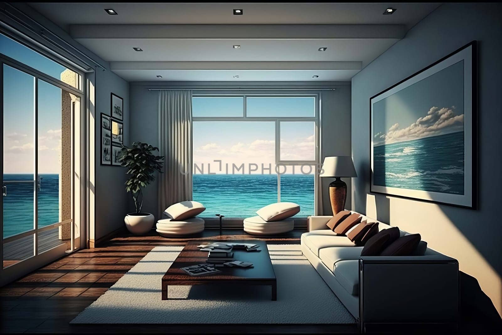 The apartment has a beautiful interior with a sea view. Generative AI, by mila1784