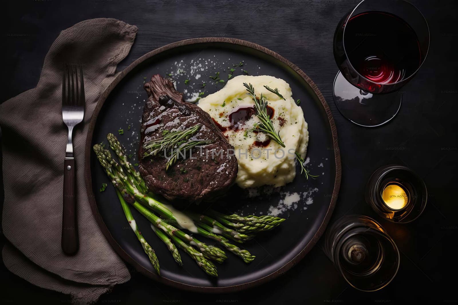 Beef steak with asparagus and mashed potatoes and wine. Generative AI,