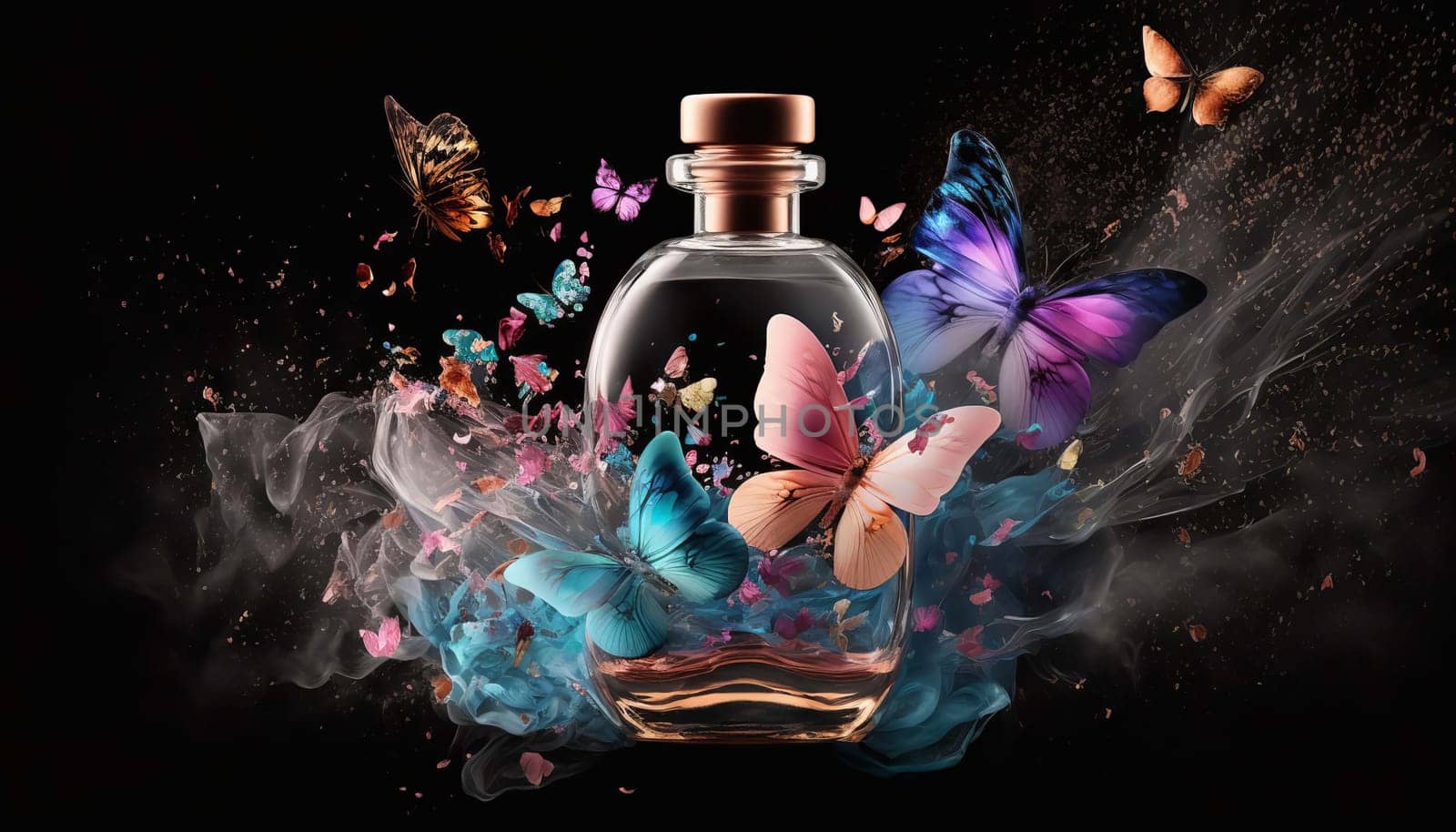 Perfume with floral aroma burst butterflies Generative AI,