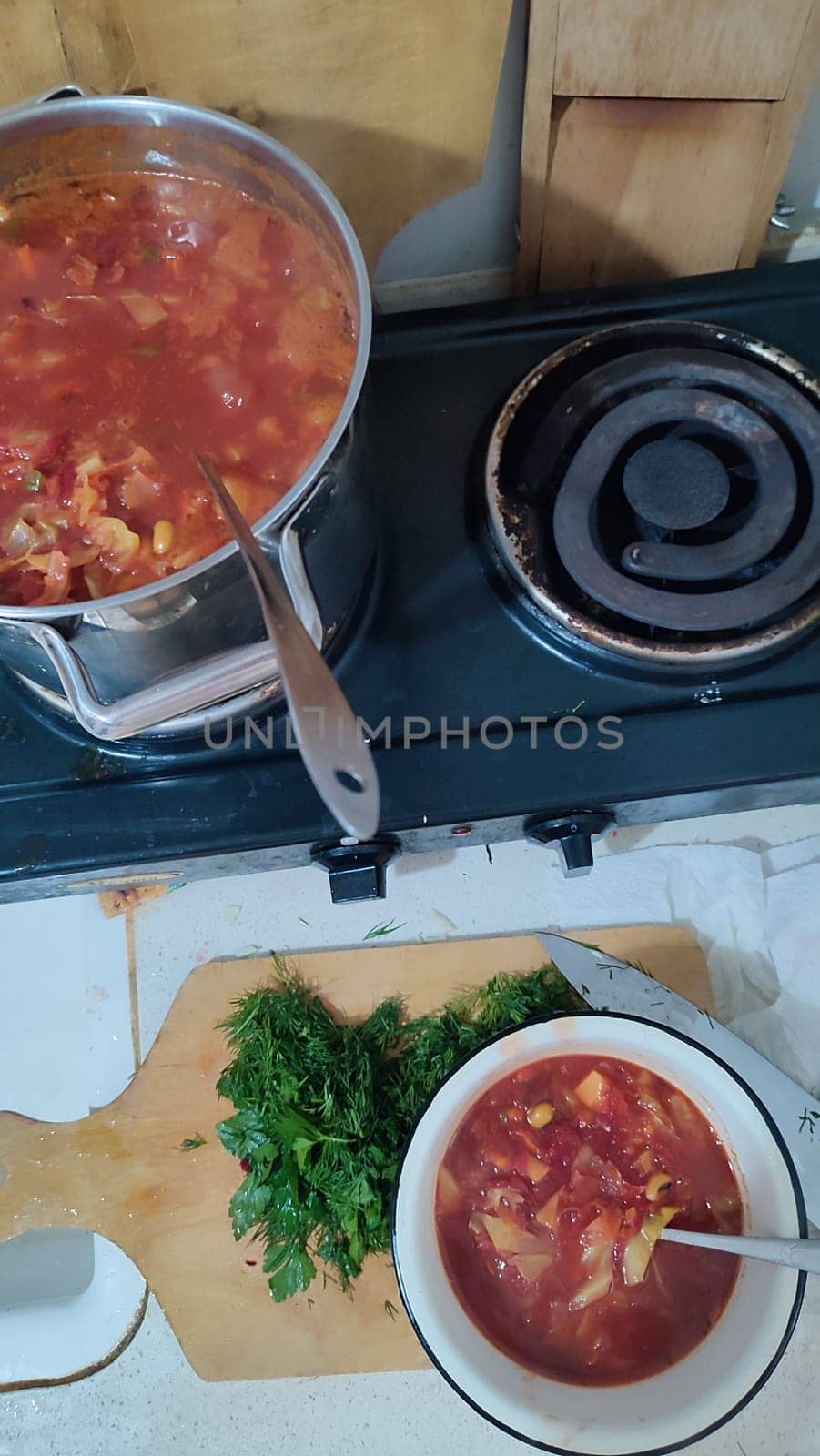 red borscht soup with parsley, food lunch cooking. High quality photo