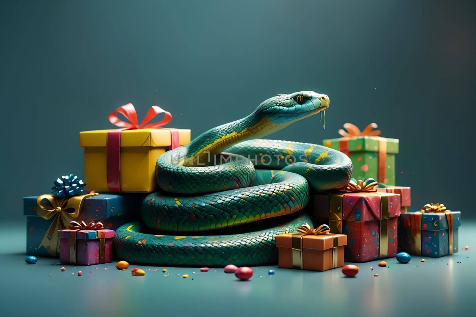 New Year snake with gifts , New Year card .