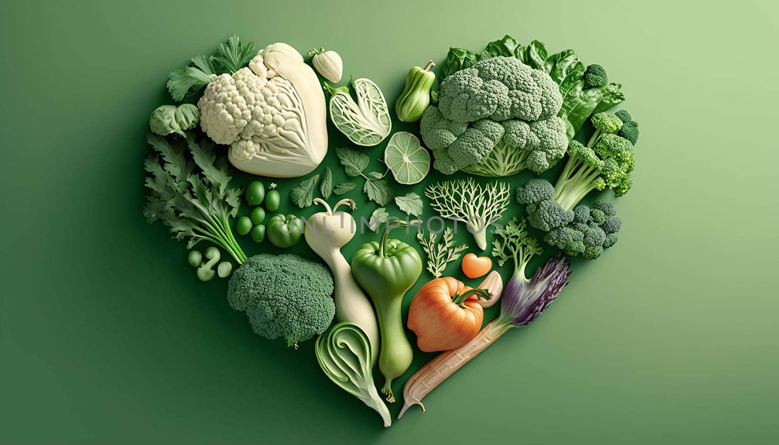 Heart shaped vegetables on a green background high resolution. Generative AI, by mila1784