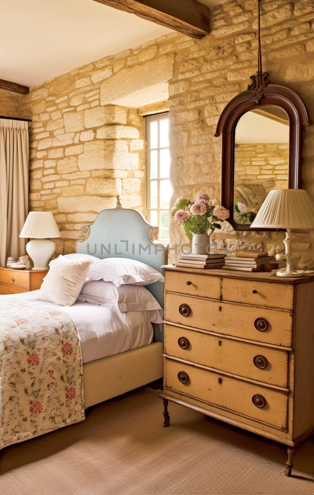 Antique cottage bedroom decor, interior design and holiday rental, bed with elegant bedding and furniture, English country house style, post-processed, generative ai