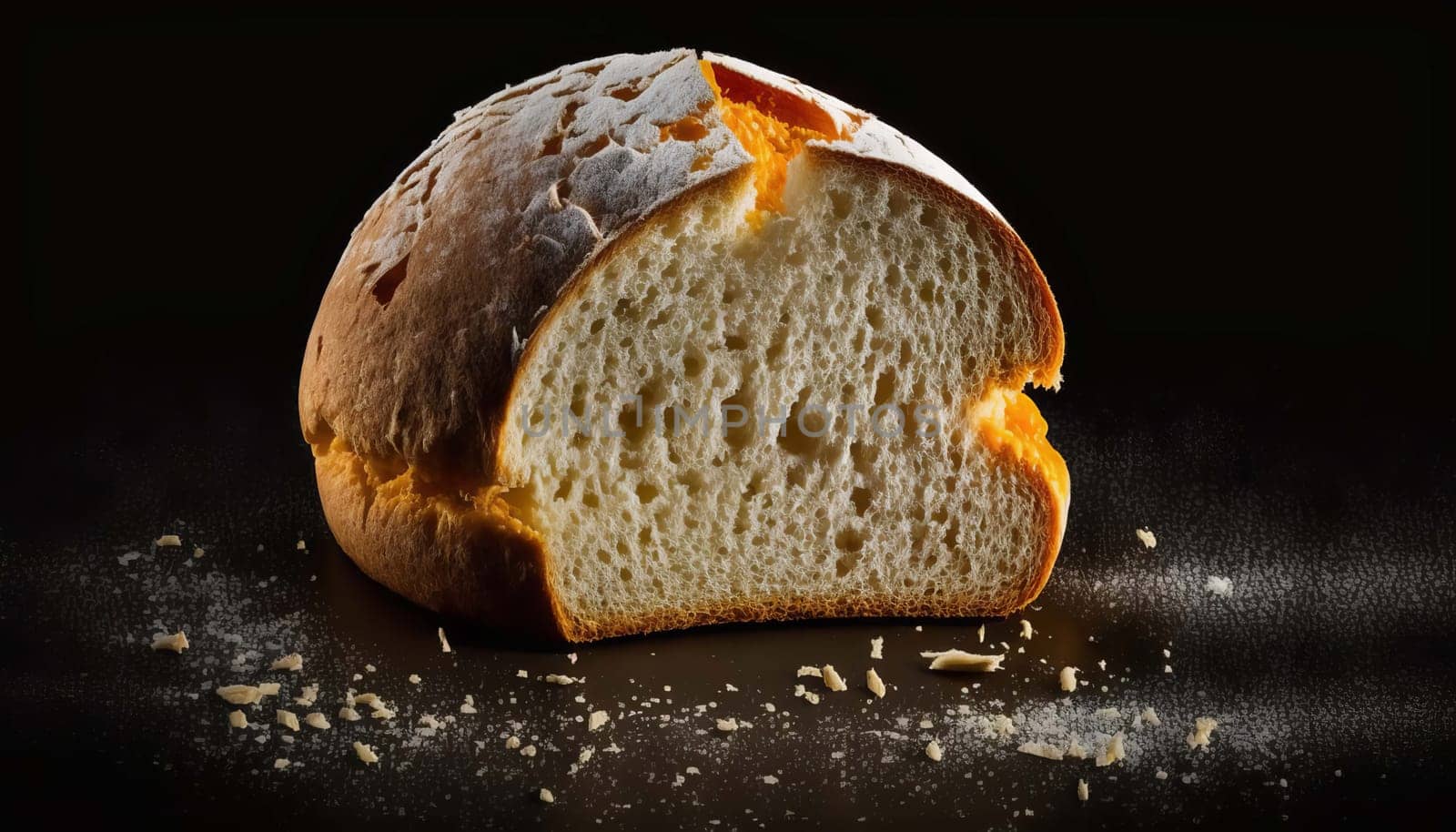 Fresh hot bread isolate on black background, Generative AI,