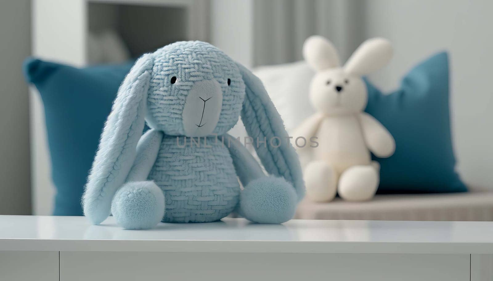 table with a plush toy hare in the baby room. Generative AI,