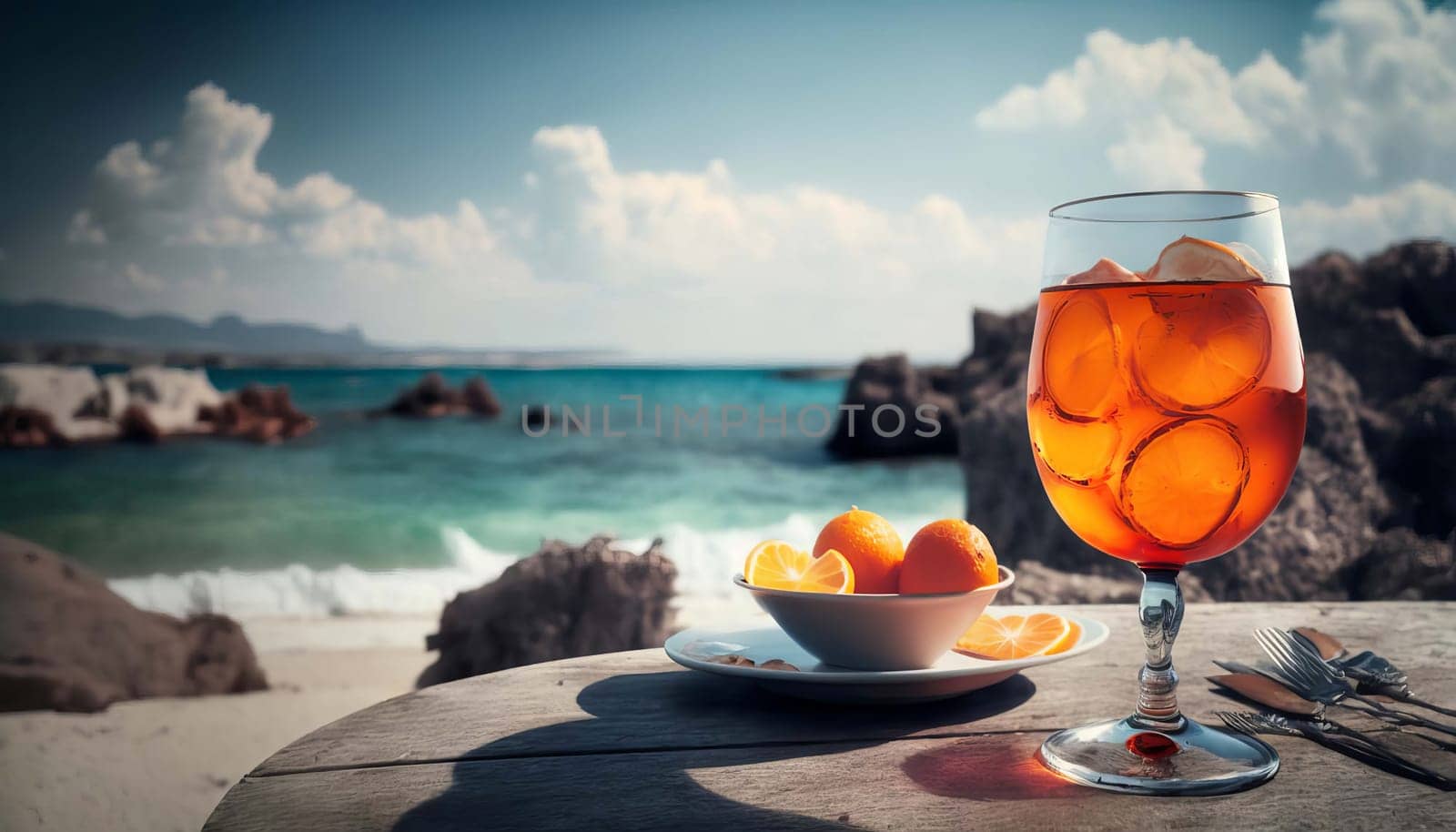 Chilled aperol cocktail on the table on the beach. Generative AI,