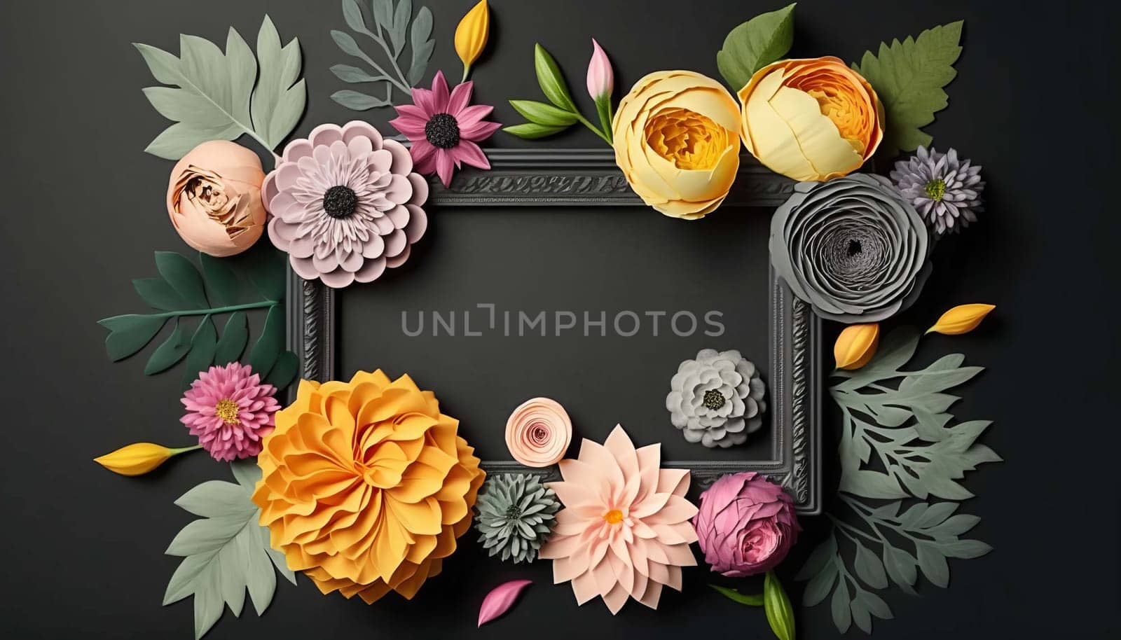 Beautiful flowers flower frame flat lay, top view, free space. Generative AI,