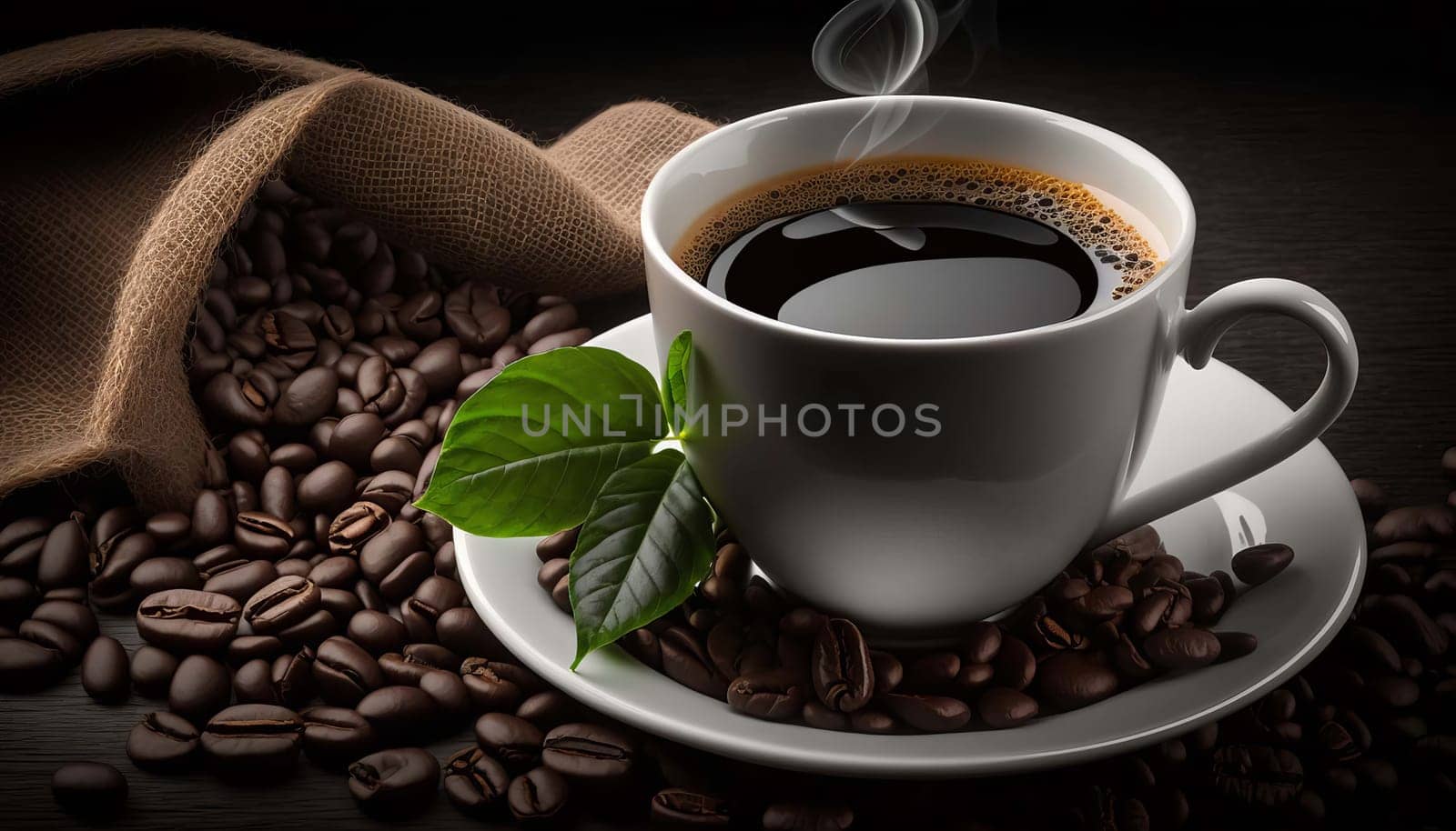 coffee cup next to the image of coffee beans. Generative AI,