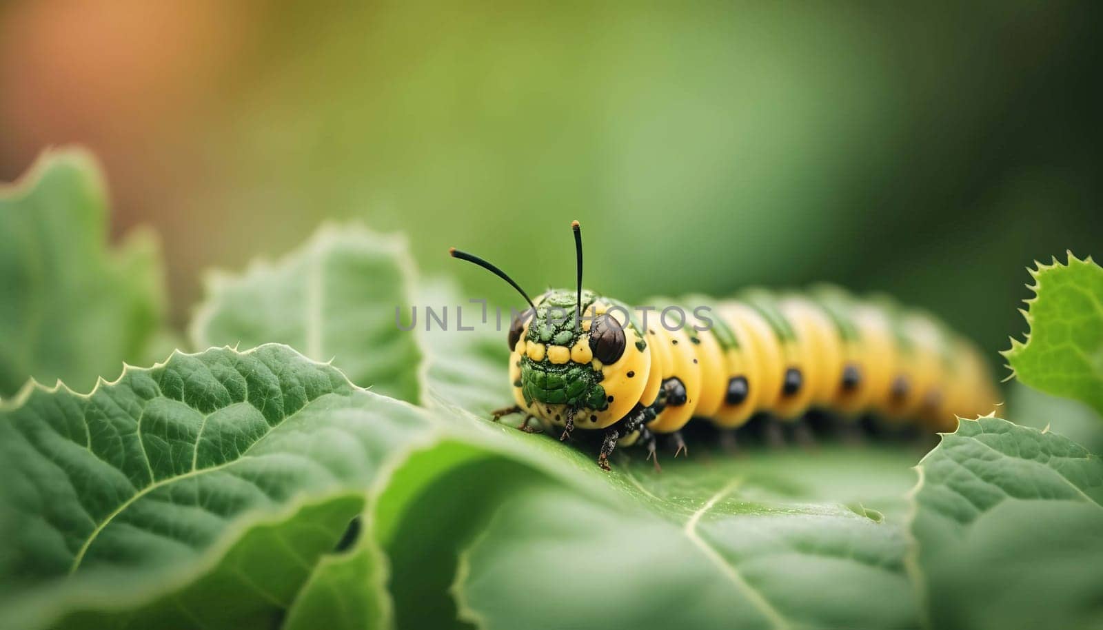 Caterpillar on vegetable leaves, pest control in agriculture concept. Generative AI,