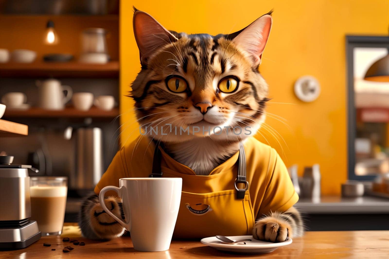 cat barista makes coffee near the coffee machine in a cafe .