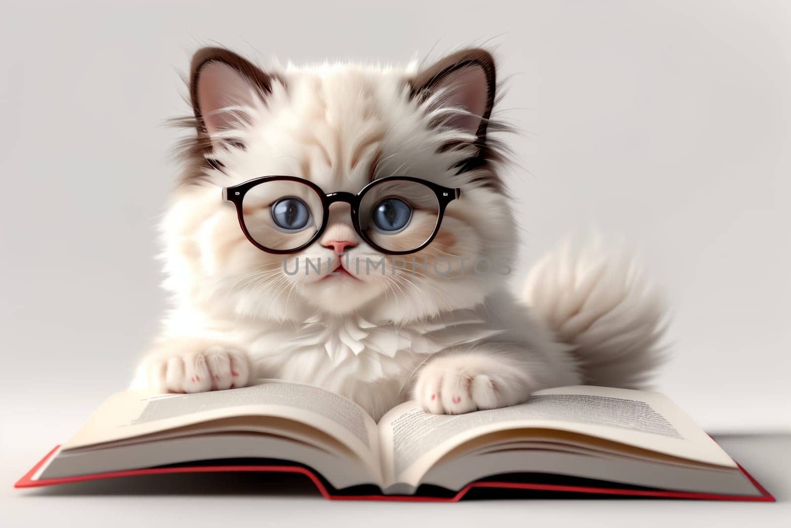 cute smart kitten wearing glasses reading a book, isolated on a white background .
