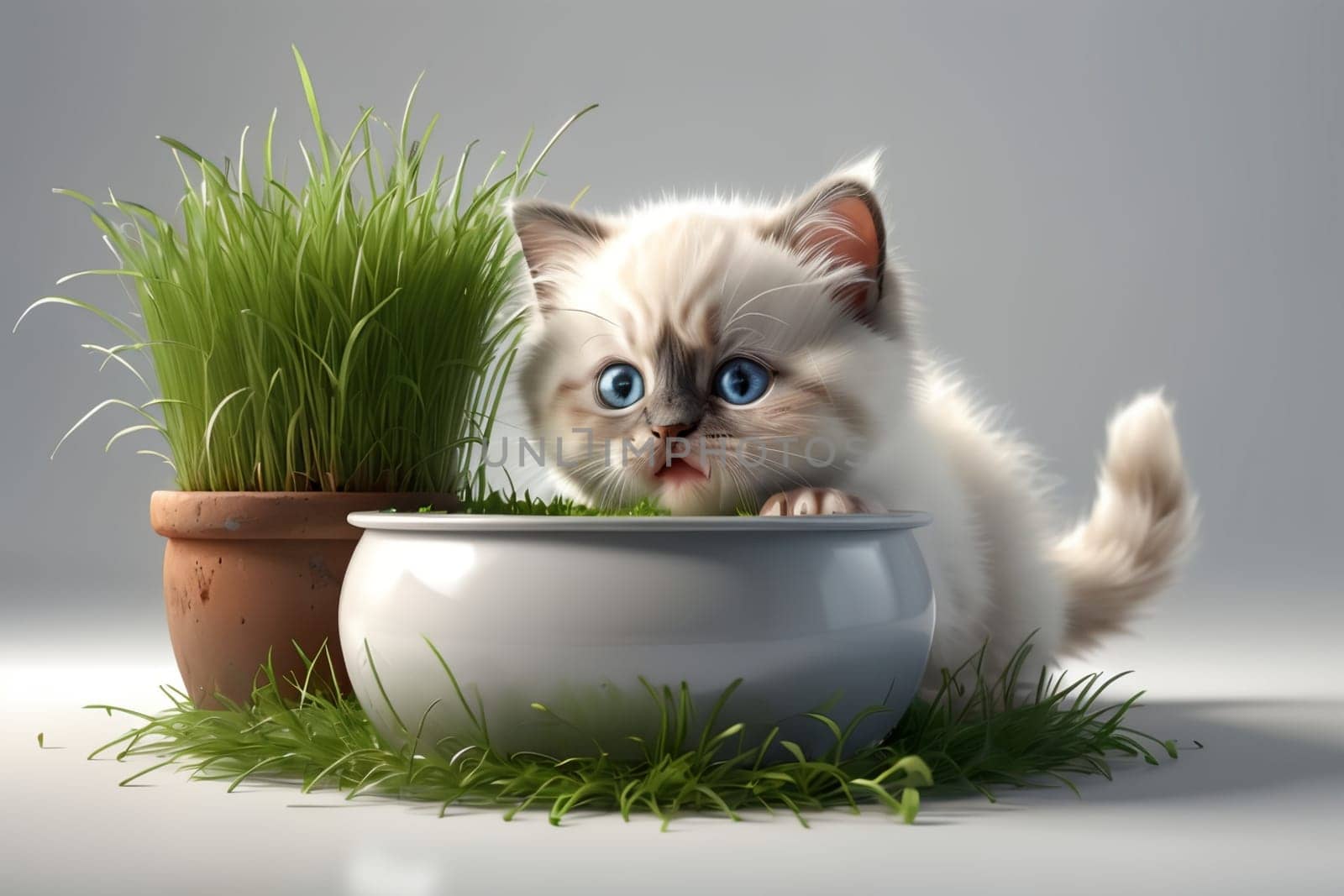 cute Ragdoll kitten eating green juicy grass from a pot, isolated on a white background by Rawlik