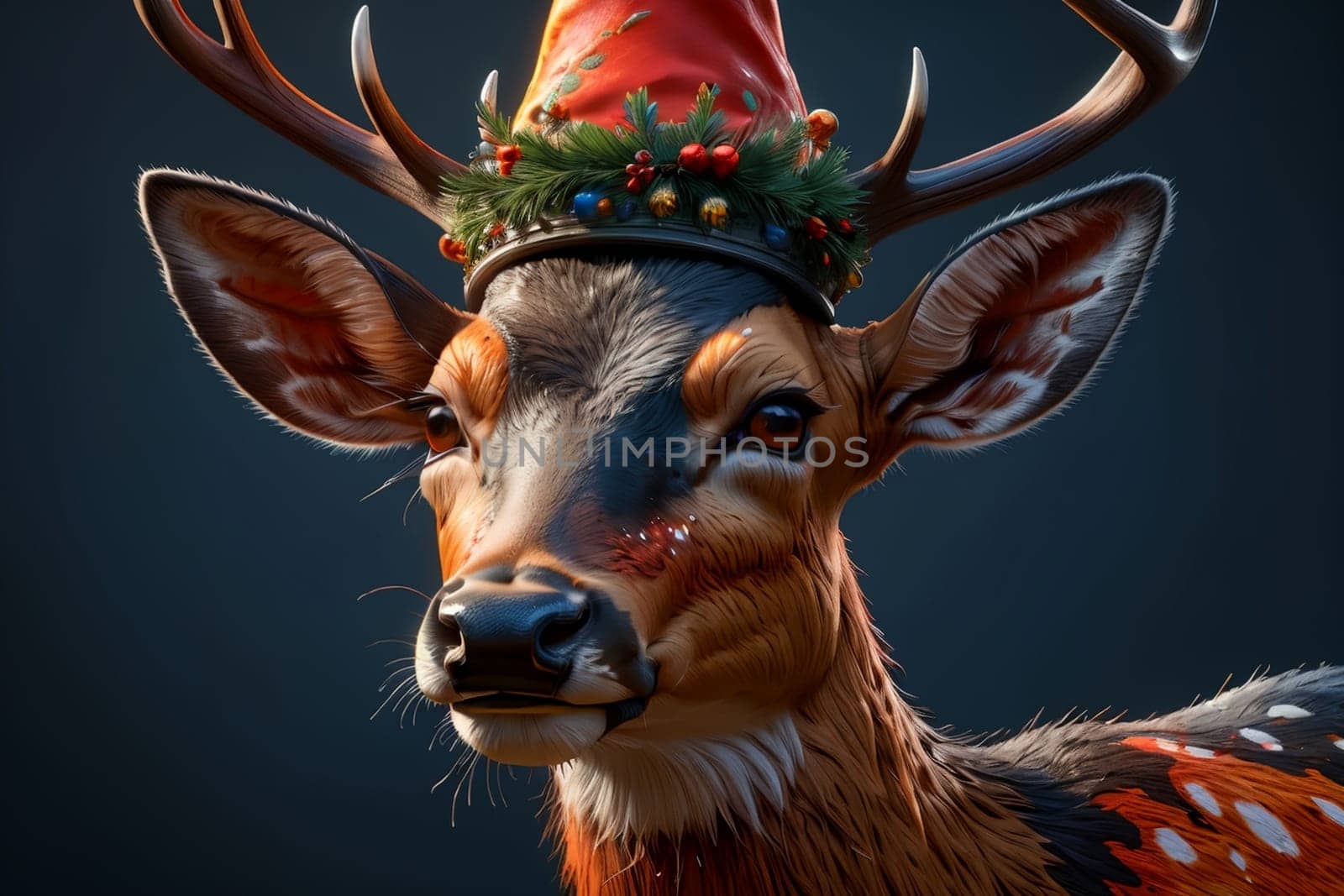 bright colorful deer in a New Year's hat, New Year's card by Rawlik