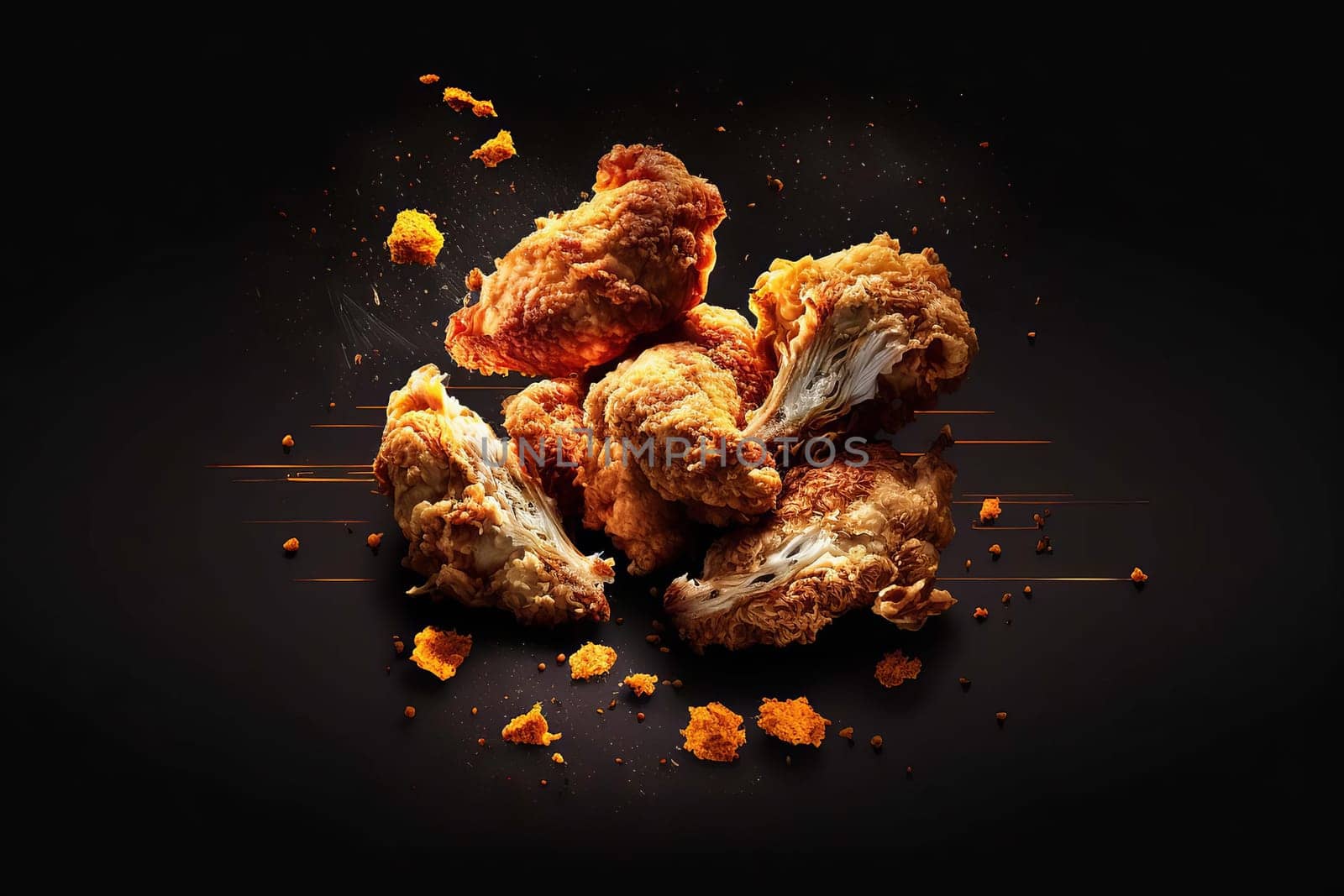 Fried chicken, fast food, chicken pieces dark black background, Generative AI. by mila1784