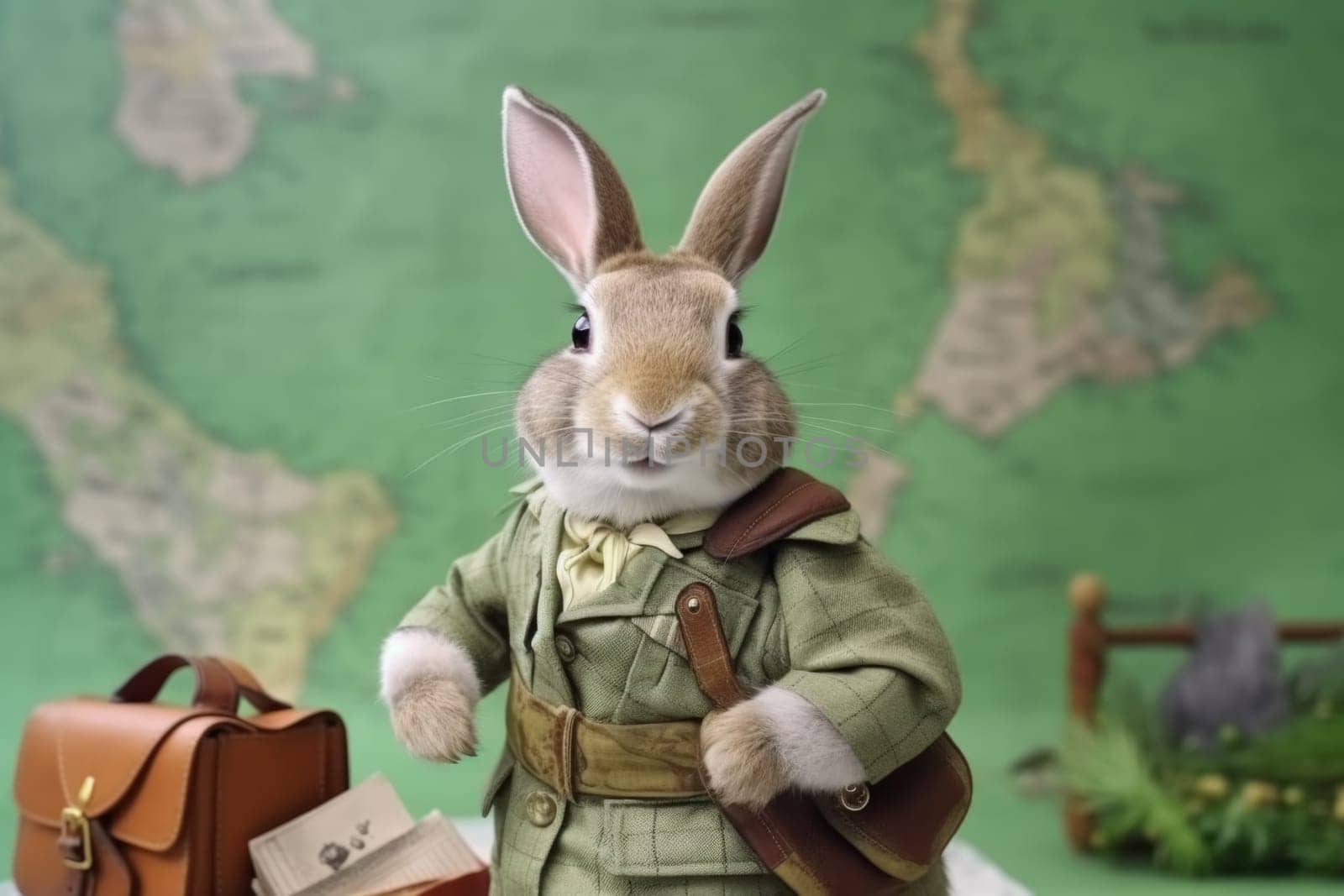 A sophisticated rabbit, ready for an adventure with a map and vintage suitcase, stands before a world map