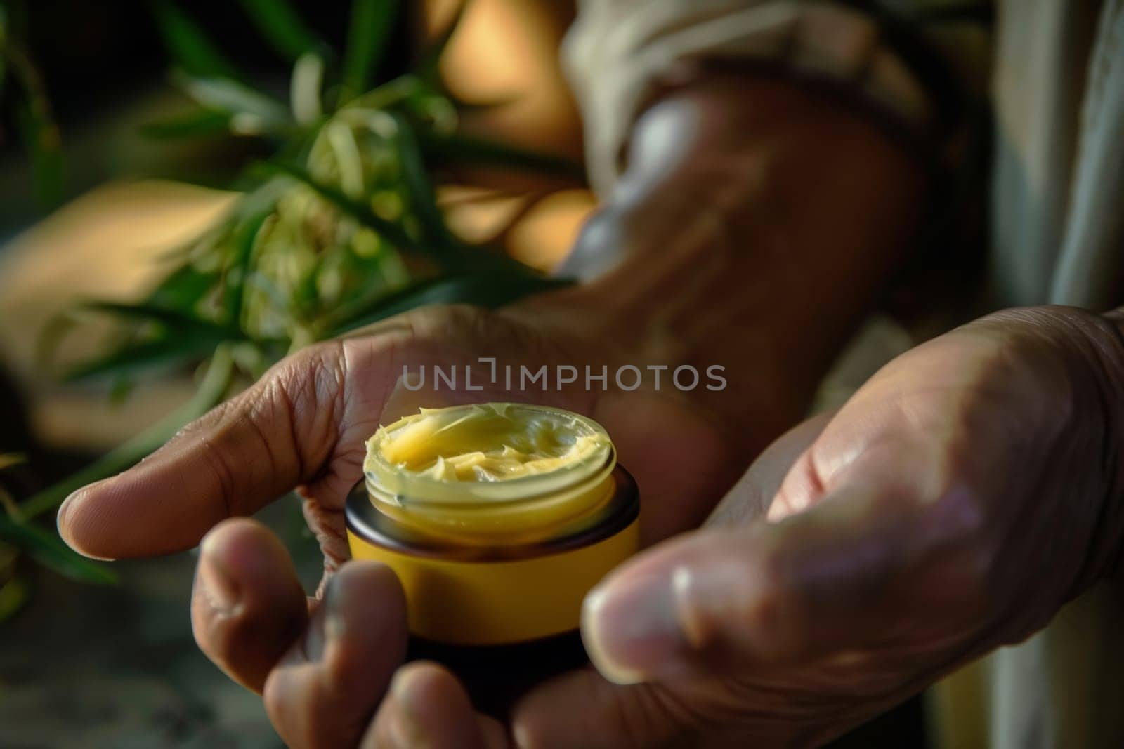 An intimate view of weathered hands applying a natural cream, conveying self-care and the nourishing properties of herbal products