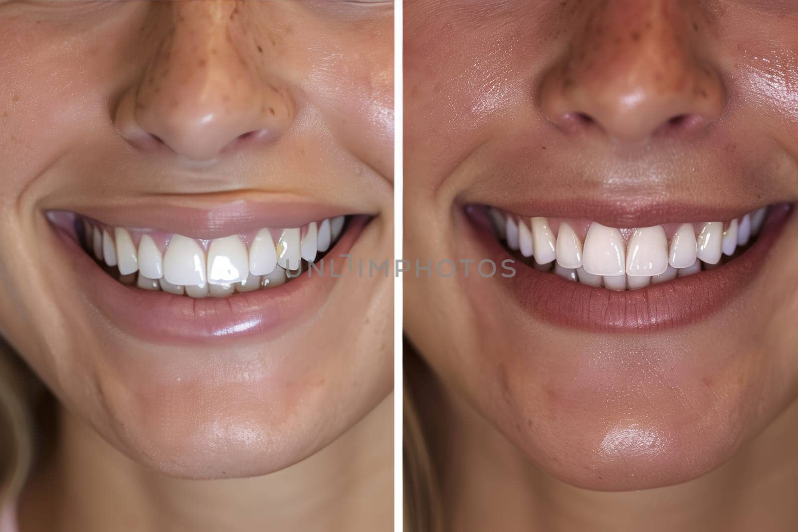 A split-screen depiction of a dental transformation with uneven, discolored teeth on one side and a perfect, white smile on the other
