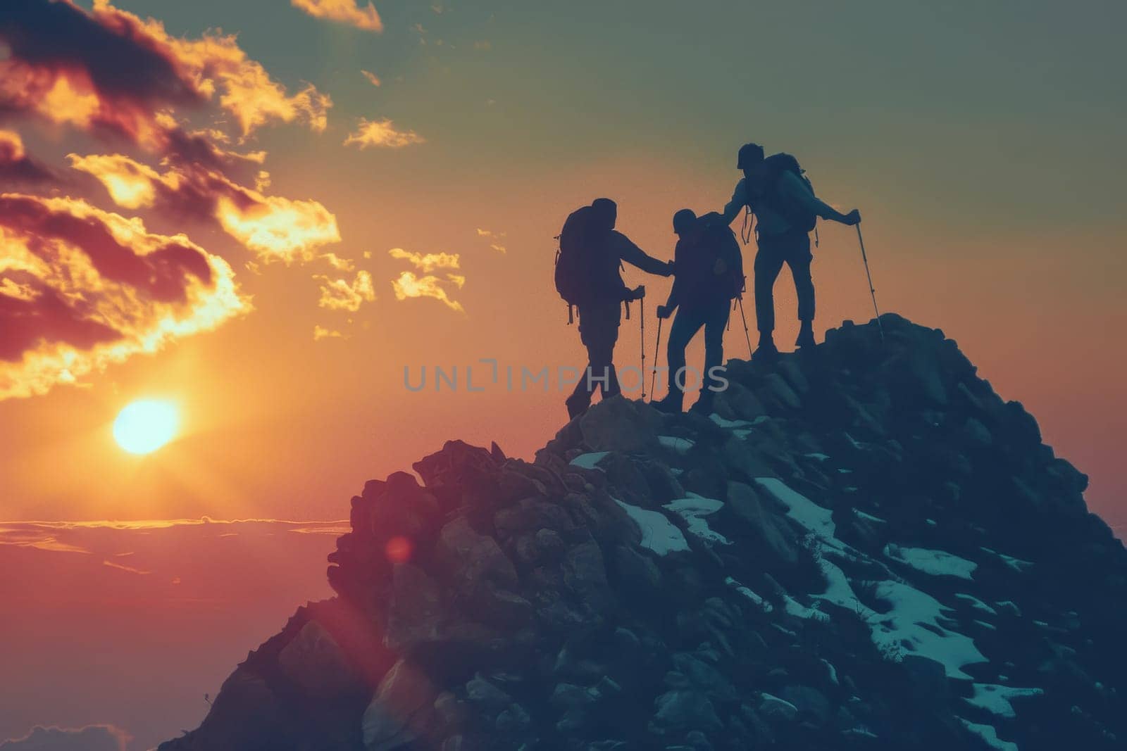 A group of friends reach the summit of a rugged mountain peak under a clear blue sky, showcasing the spirit of adventure and teamwork