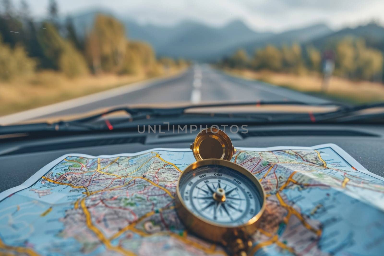 A compass and map spread across a car dashboard, ready for a road trip, with a breathtaking mountainous landscape stretching out in front of the car