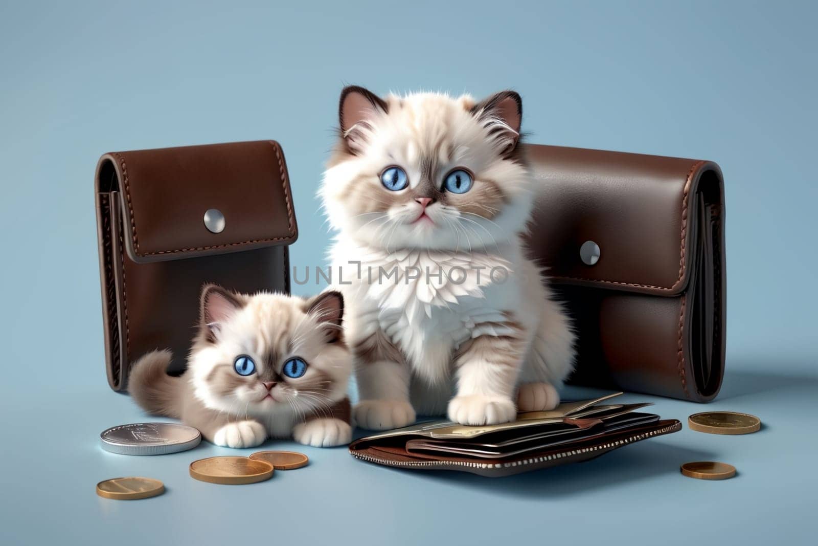 cute Ragdoll kitten with wallet and coins, isolated on blue background by Rawlik