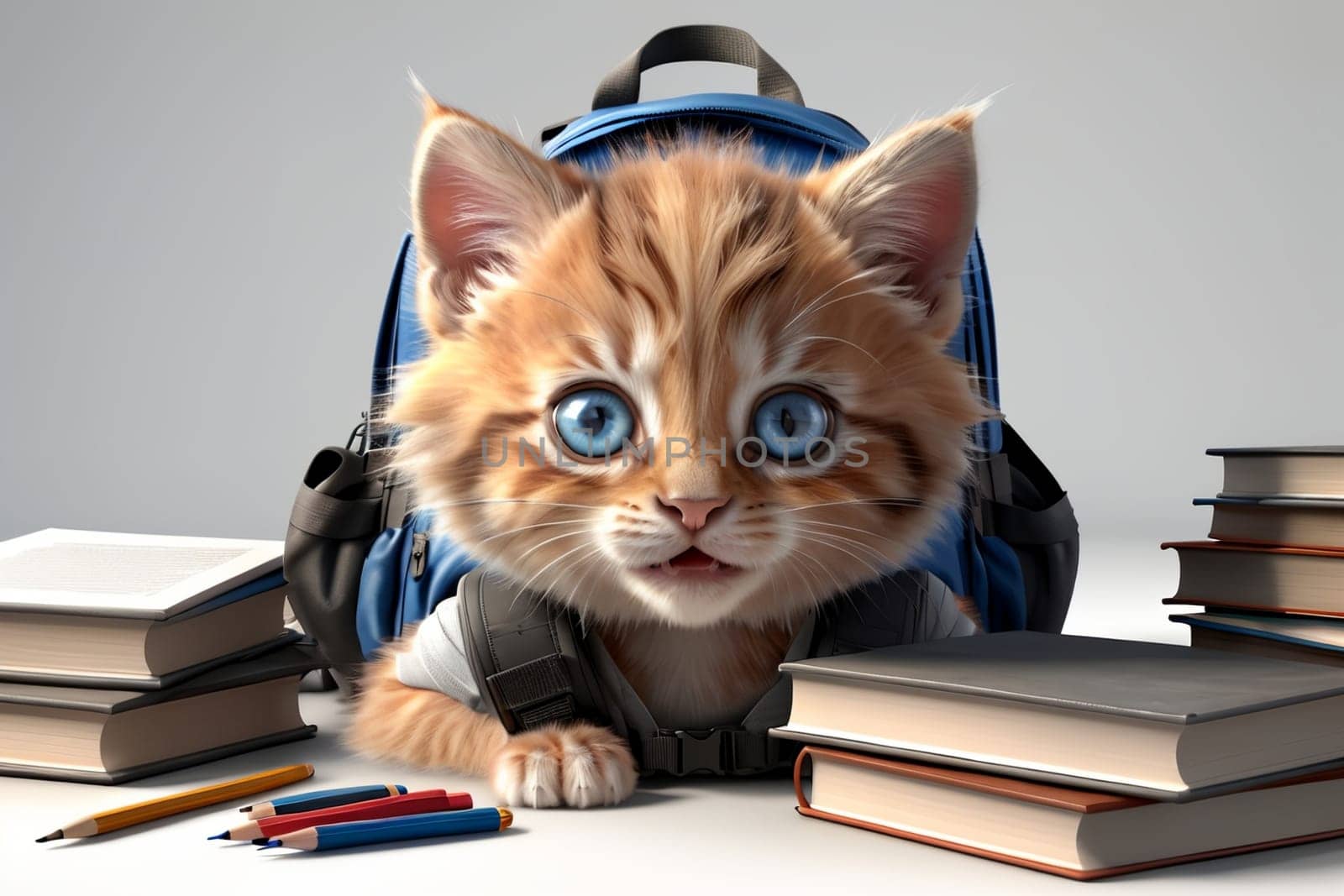 cute kitten with textbooks, backpack and other school supplies by Rawlik