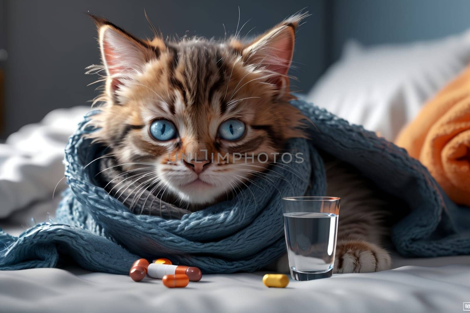 A sick cat lies in bed with pills and a glass of water by Rawlik