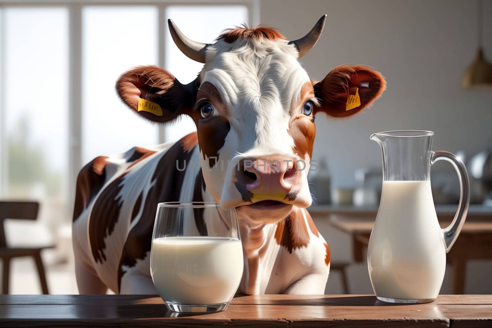 cow and fresh milk in a carafe on the table .