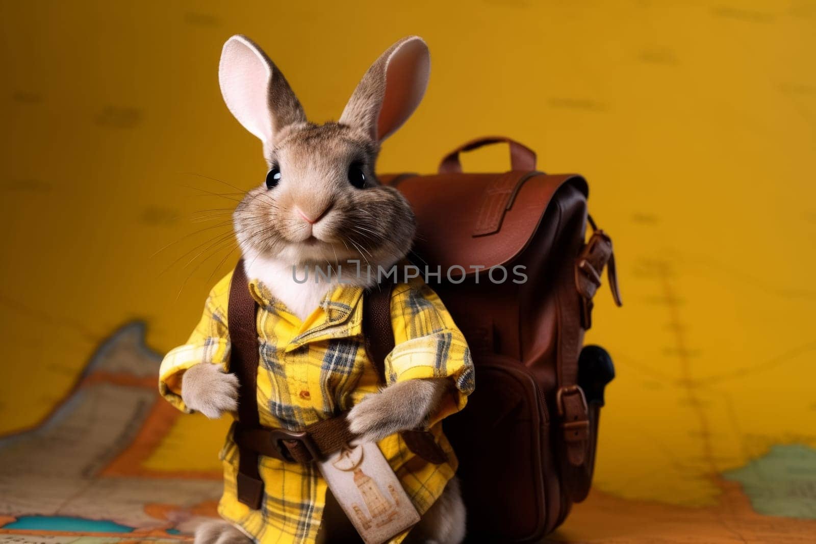A charming rabbit dressed in a cowboy hat and backpack, posing against a vivid yellow background