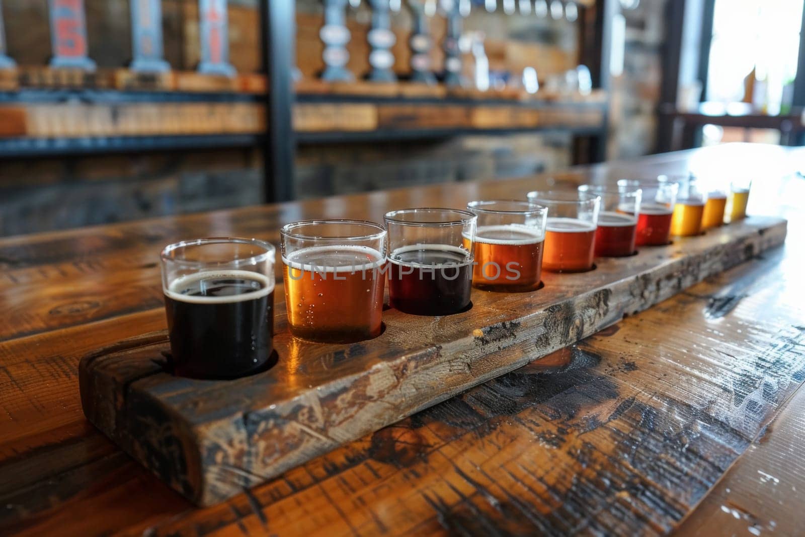 An array of craft beers presented in a tasting flight, showcasing a gradient of colors from pale gold to deep amber on a rustic wooden bar top