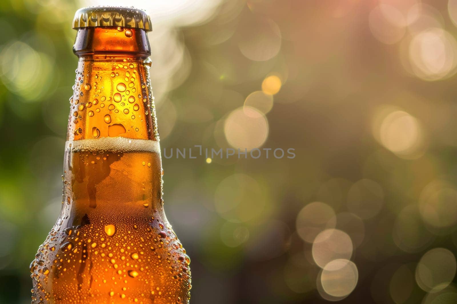 A close-up shot of a chilled craft beer bottle with condensation droplets against a bokeh background, highlighting refreshment.