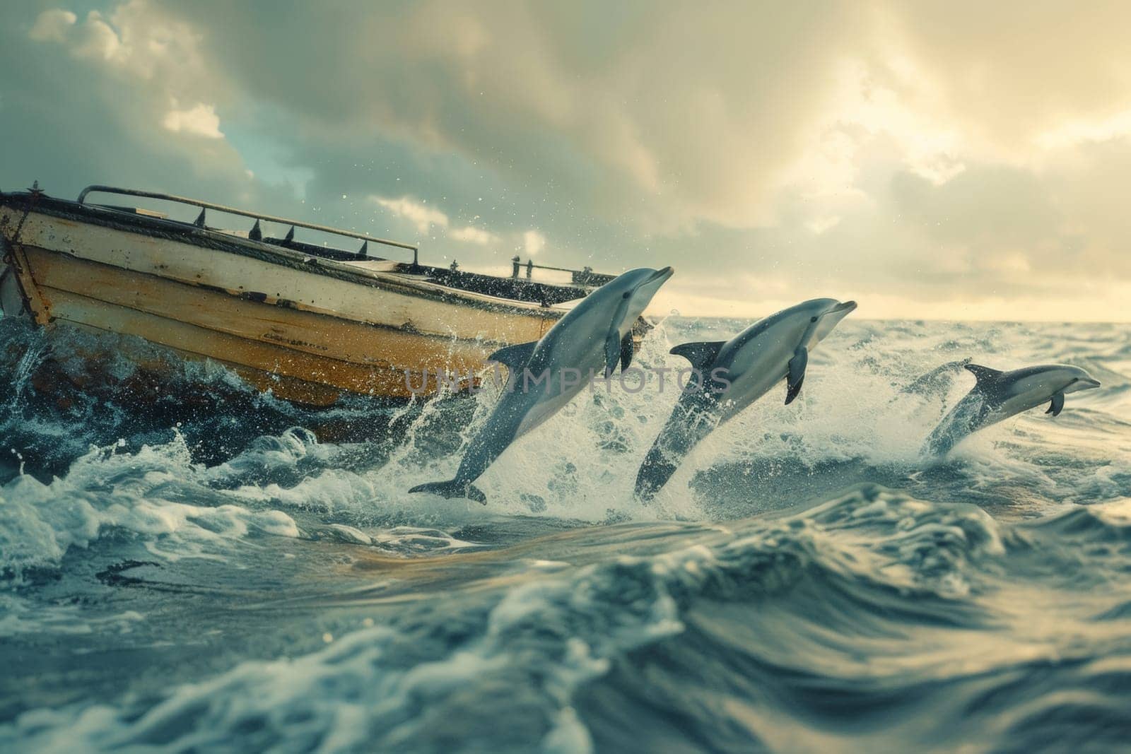 A pod of dolphins leaps energetically alongside an aged boat amidst the churning sea, with dynamic water and dramatic lighting adding to the action.