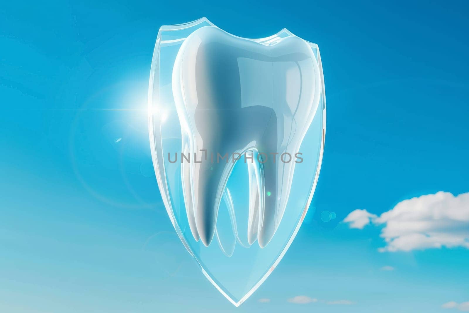 A concept image featuring a shield superimposed over a tooth against a clear blue sky, symbolizing dental protection