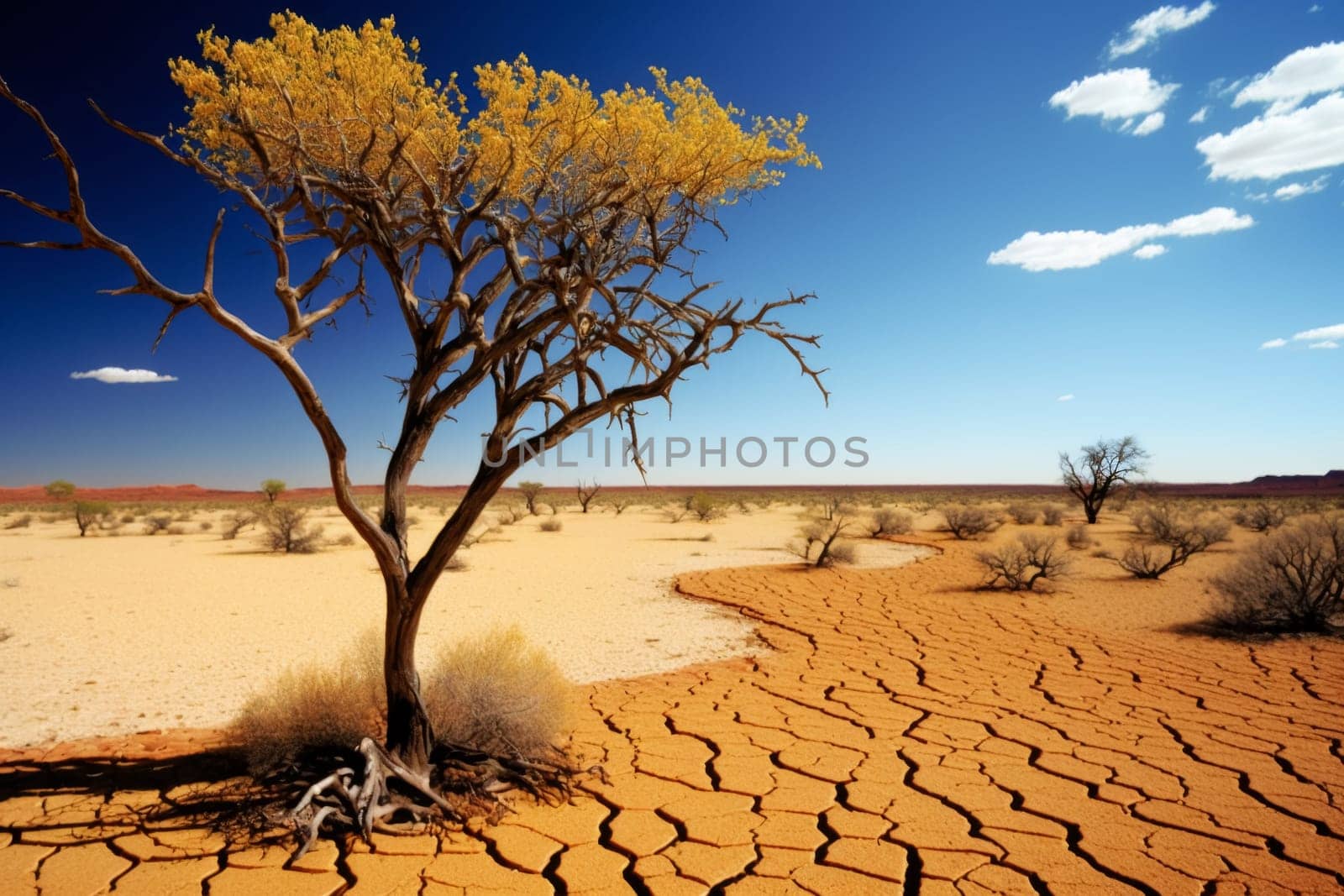 A desolate scene with a single tree standing tall amidst a cracked earth landscape under a vivid blue sky, symbolizing resilience