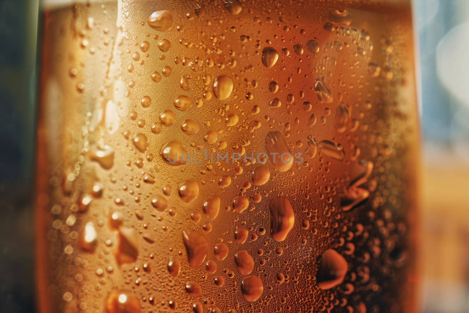 A close-up of a glass of cold craft beer, the condensation beads creating an inviting texture against a blurred warm background