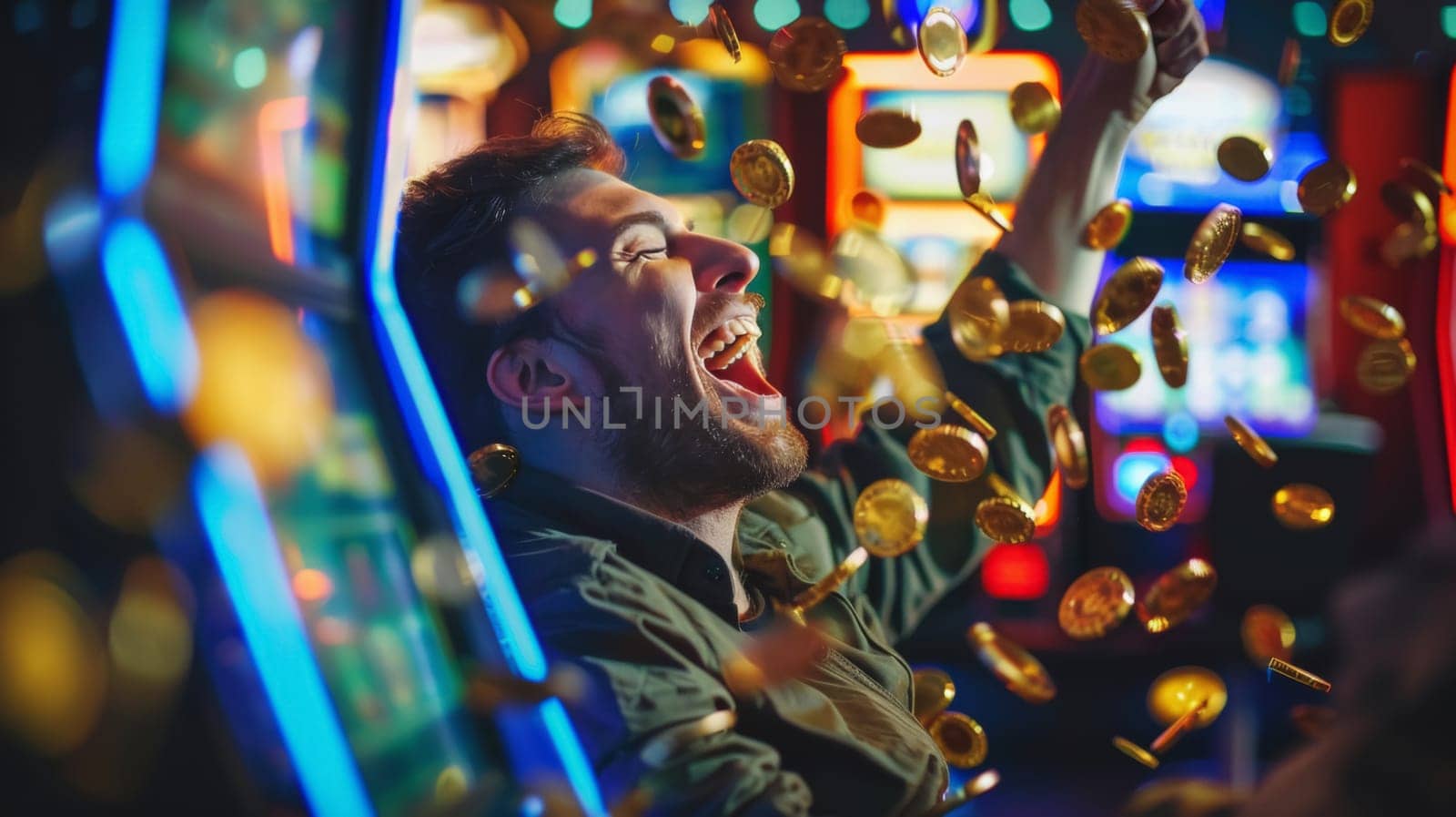 A young man exudes extreme joy with a wide-open mouth, laughing as he is showered with golden coins in a lively casino setting.
