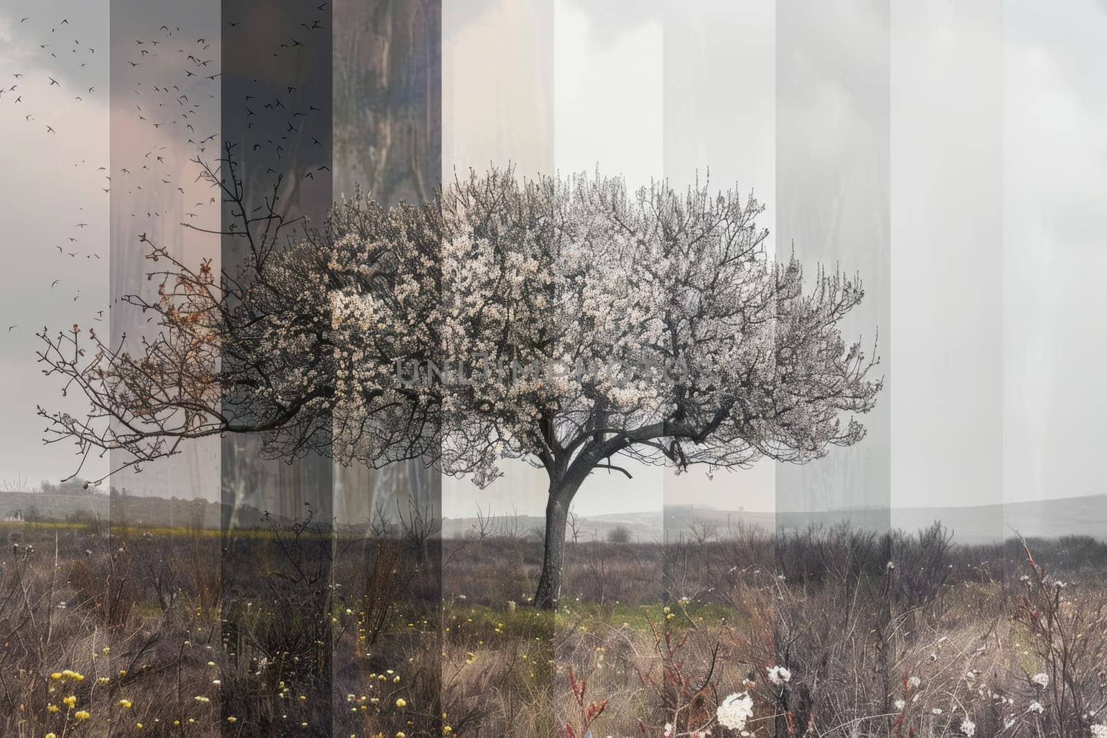 A composite image showing the beautiful transition of a solitary tree through spring, summer, fall, and winter.