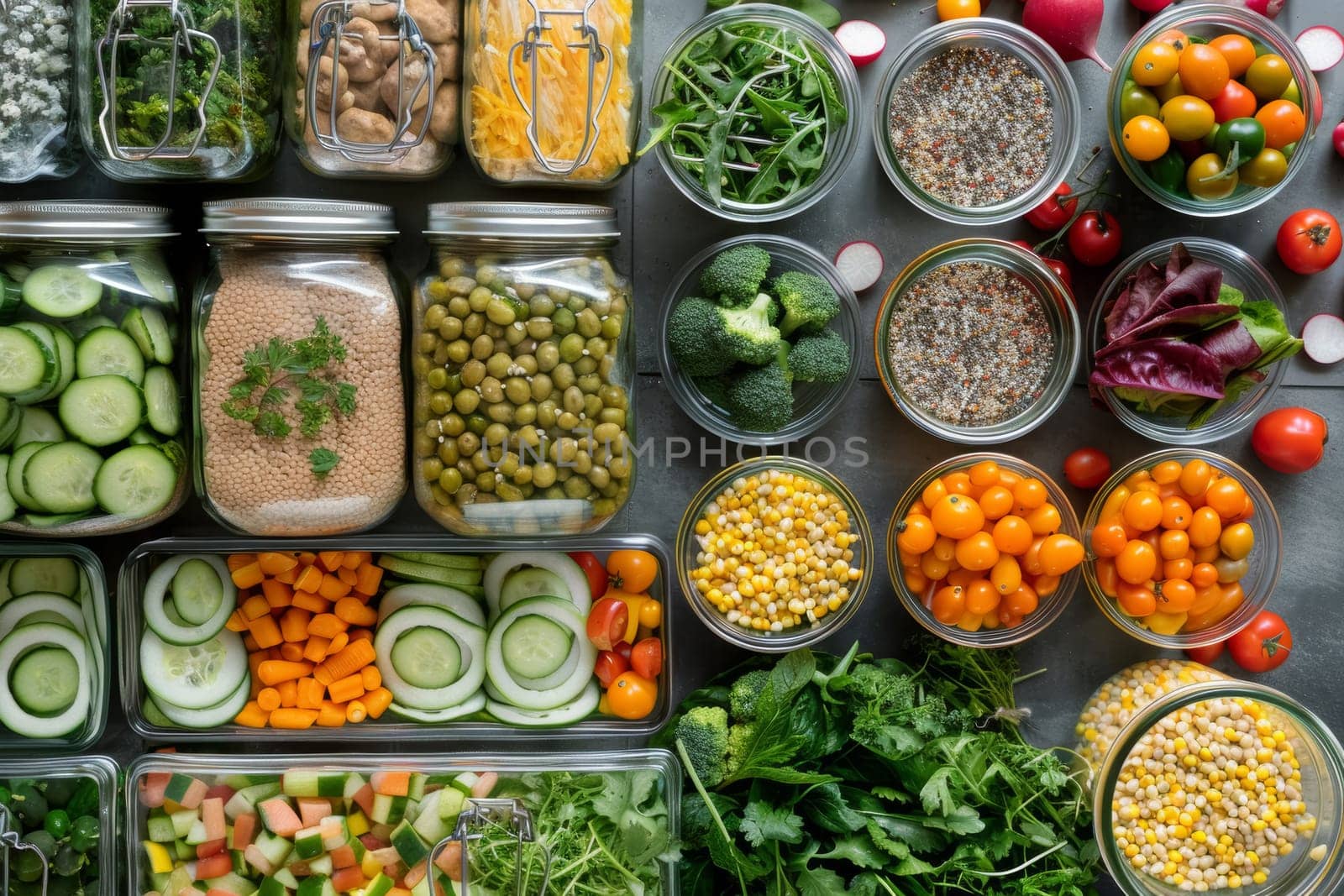 An organized display of plant-based foods neatly arranged in containers, showcasing a variety of colorful vegetables and grains for a healthy diet